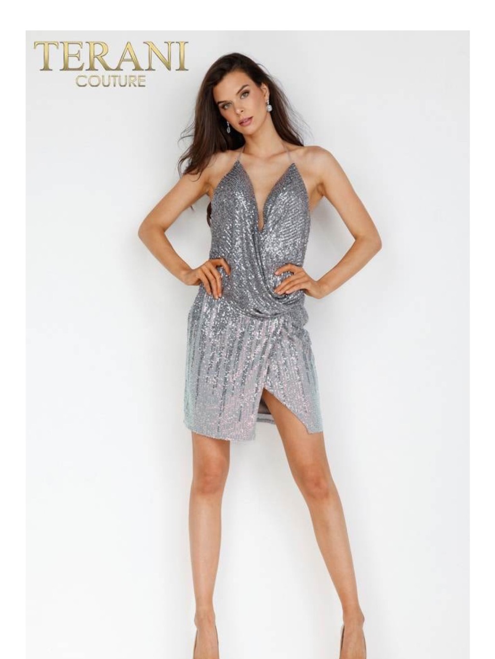 Terani Couture Iridescent Silver Sequin Plunge Mini Dress
